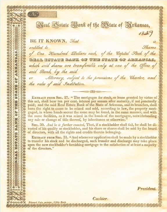 Real Estate Bank of the State of Arkansas - Stock Certificate